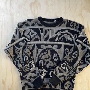 Vintage Koman Sweater Mens Medium Black Aztec Geometric Crewneck Knit Pullover
